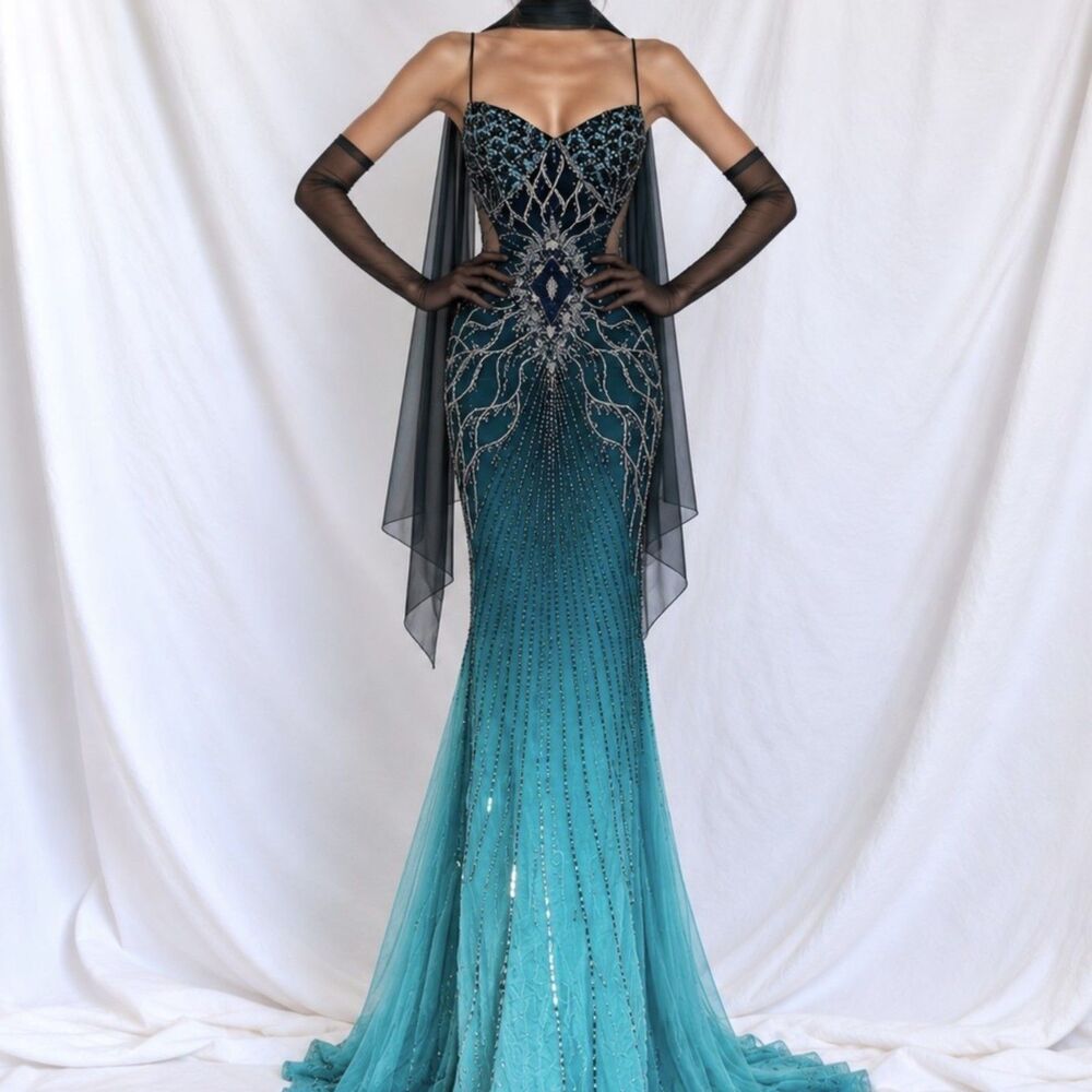 Vintage Y2K 90s Blue Beaded Fit Flared Ombre Maxi Prom Dress W/ Shawl Size M/L